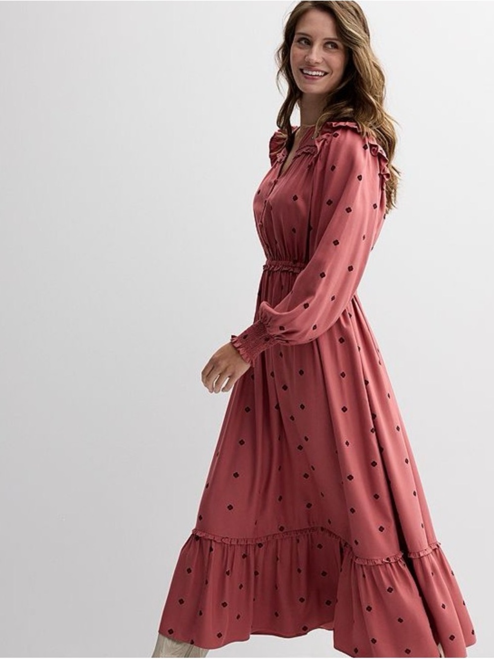 Dusty Rose Polka Dot Maxi Dress with Ruffle Yoke NWOT